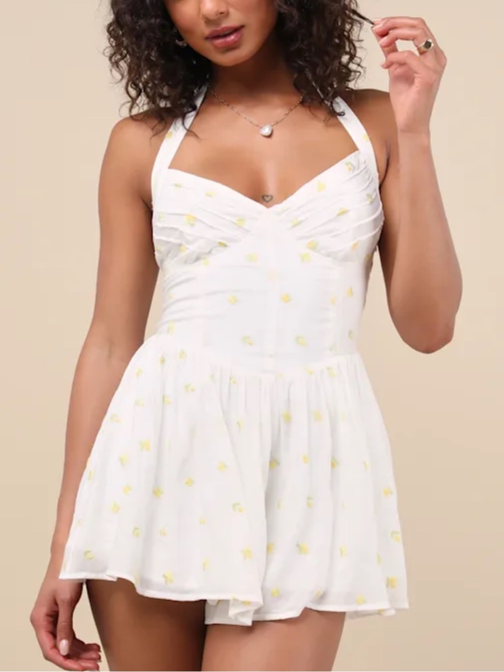 White Halter Romper with Yellow Lemon Print